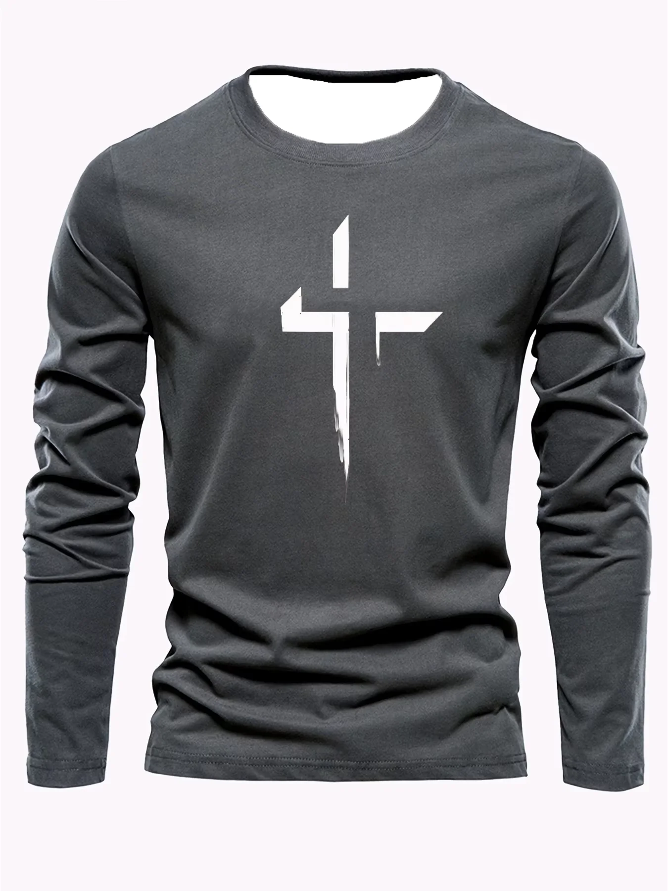 Men's Daily Versatile Loose Fit Plus Size Comfortable Casual Fashion Sports Cross Print Round Neck Long Sleeved T-shirt Top