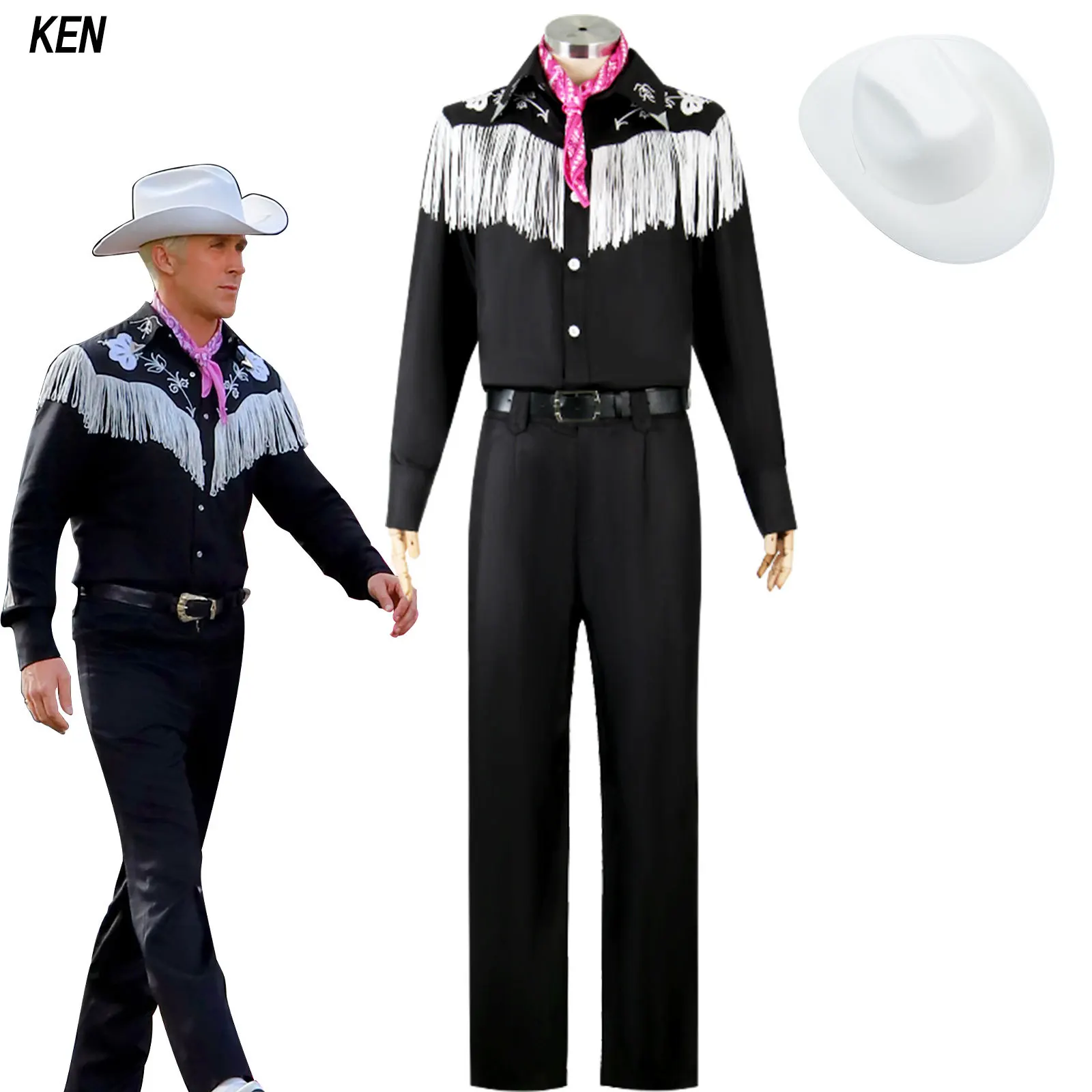 2023NEW Movie Margot Robbie Barbi Cosplay Ken Cosplay For Man Adults Black Cow Boy Halloween Costumes Pink Jumpsuit Role Play