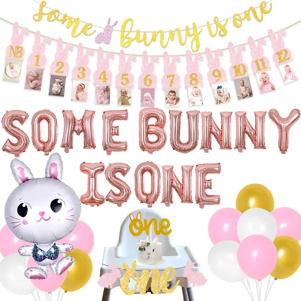 

JOYMEMO Some Bunny Is One Rabbit Themed Girls 1st Birthday Party Decorations Bunny Photo Banner Rabbit Foil Balloons Supplies