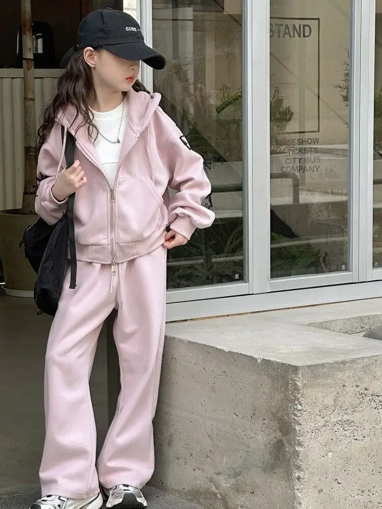 Mädchen-Trainingsanzug mit Kapuze und Schleifendetail – zweiteiliges Outfit im koreanischen Stil mit langärmeliger Jacke und Hose für größere Kinder. – Detail 14