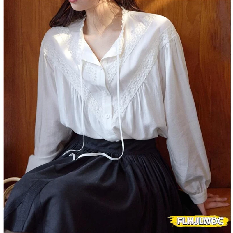 

Loose Bow Tie Ruffles Tops Blusas 2024 Cute Sweet Girls Chic Korea Fashion Clothes White Lace Cotton Blends Women Shirts Blouses