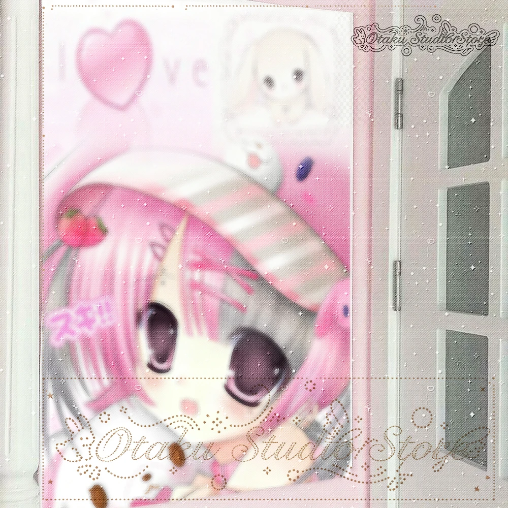 ぱつぱつ Big Glossy Purple Eyes Plush Rabbit Doll Kawaii Print Fabric Poster Hugging Stuffed Bunny Heart Love Background Otaku Bedro