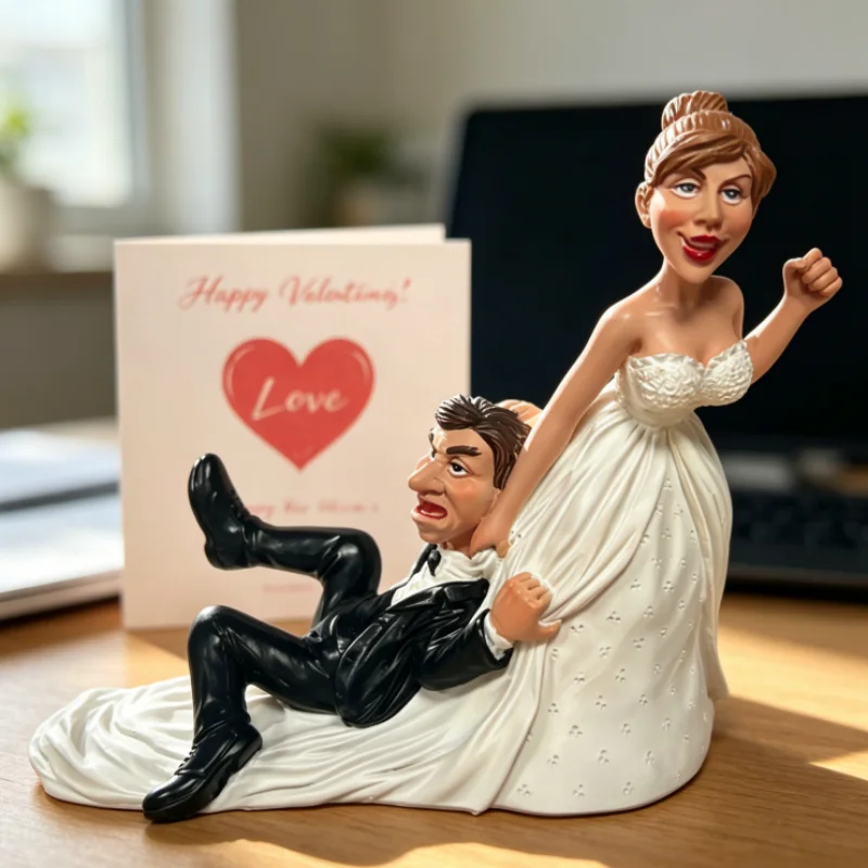 Comical Wedding Couple Statue, Resin Bride Pulling Groom Figurine, Funny Cake Topper & Desk Ornament
