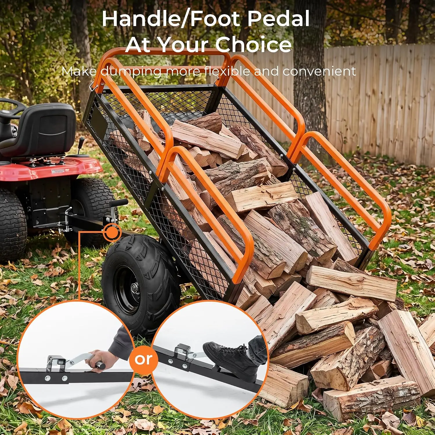 1500 lbs 15 Cu.Ft Heavy Duty Tow Behind Dump Cart with Manual & Foot Dump for ATV UTV Tractor, 2 Pneumatic Tires, Customized