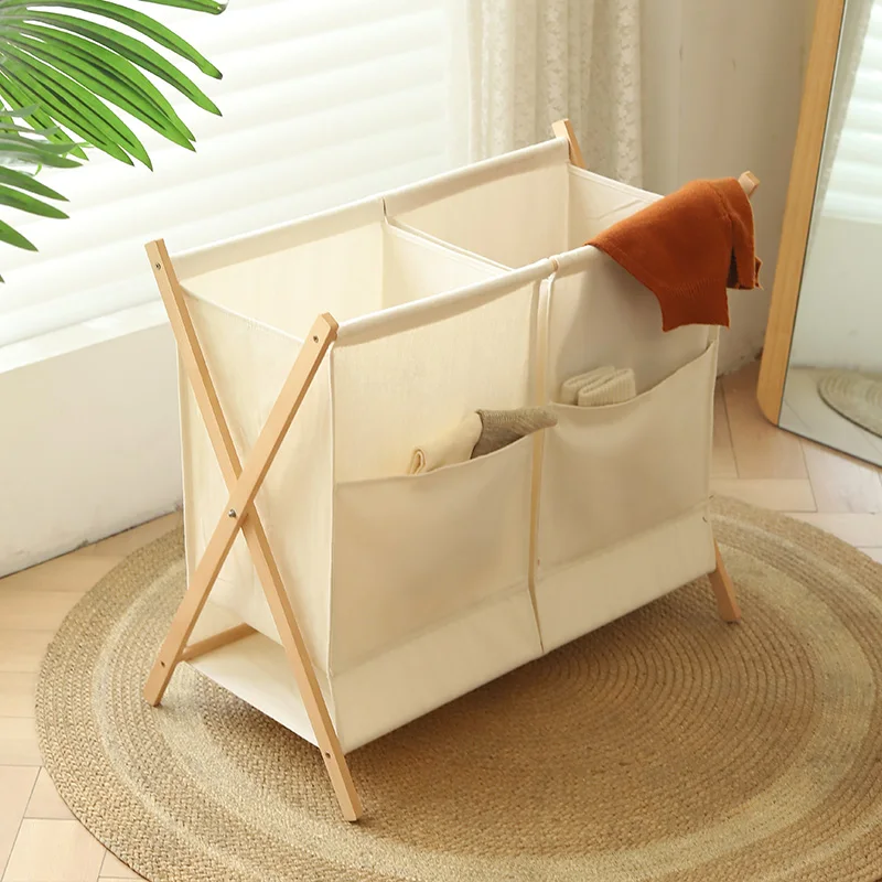 

Beech Dual-compartment Hamper Foldable Fabric Clothes Organizer Slim Bedroom Storage Home Decor Compact Space-saving Solution