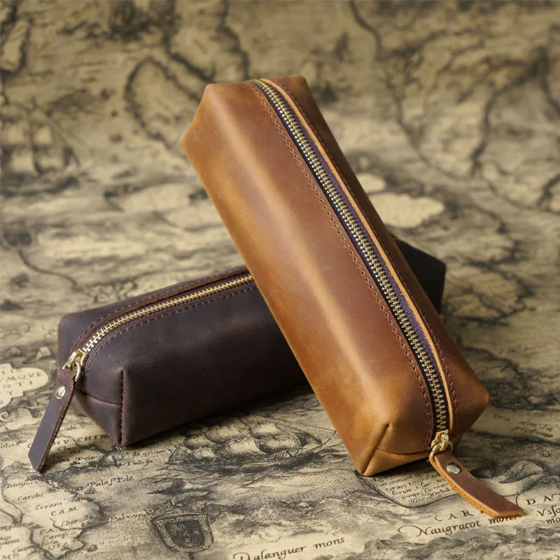 

Handmade Leather Pen Storage Bag Men's Leather Zipper Pen Bag Student Pencil Case Simple Large-capacity Stationery Bag