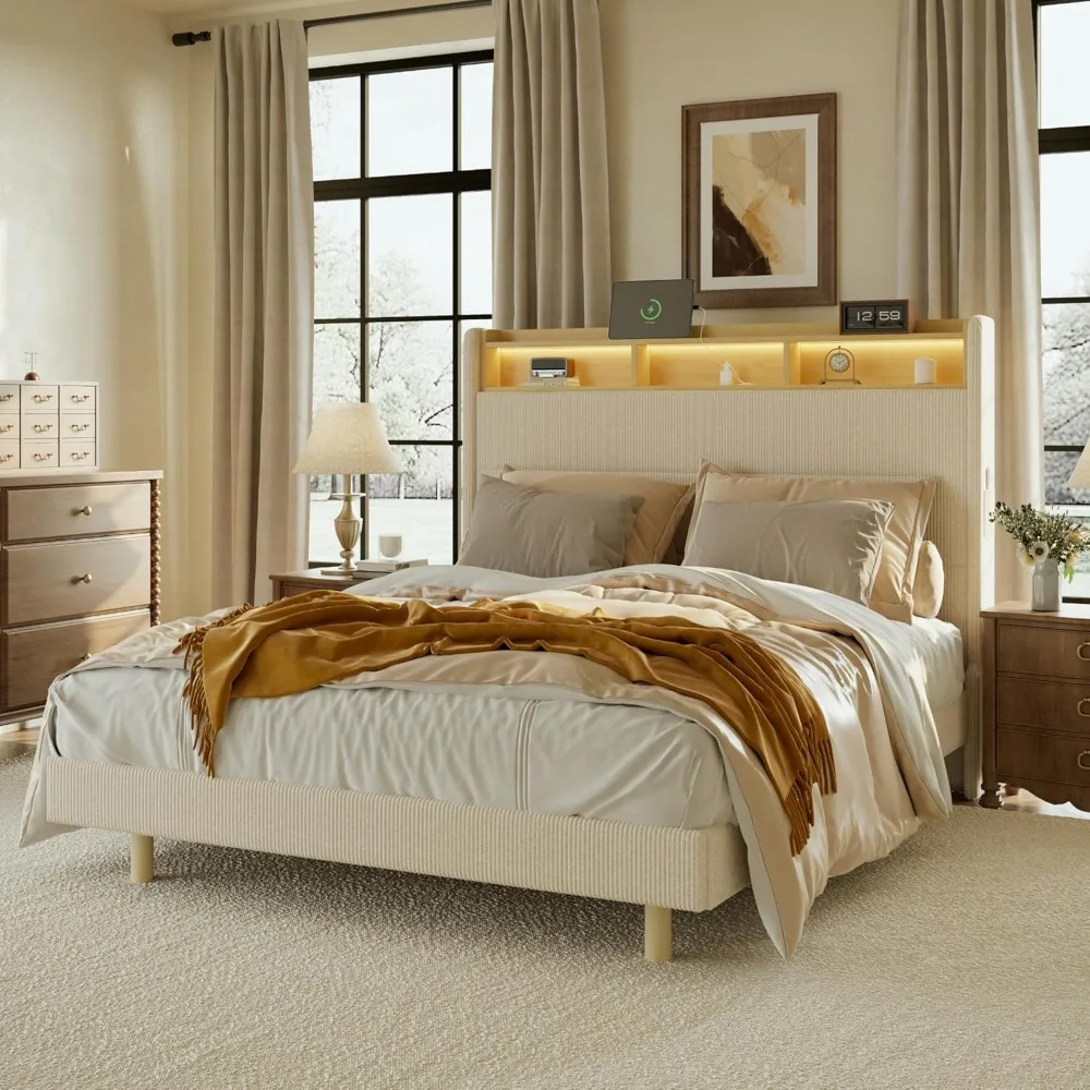 

Queen Platform Bed with Tufted Headboard LED Lights Storage Shelves Charging Station No Box Spring Heavy Duty
