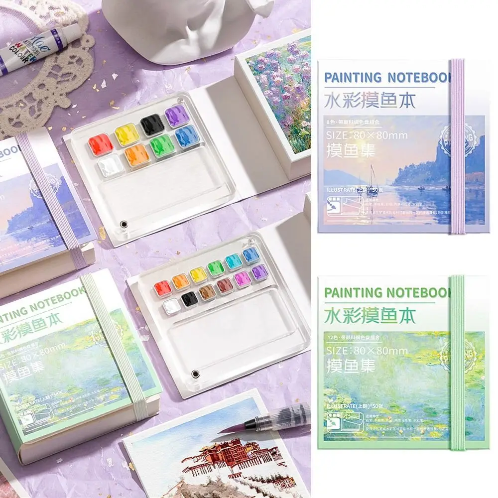 Cuadrícula de libros de pintura con paleta de pintura, cuaderno de pintura de acuarela, cuaderno de viaje, Tearable