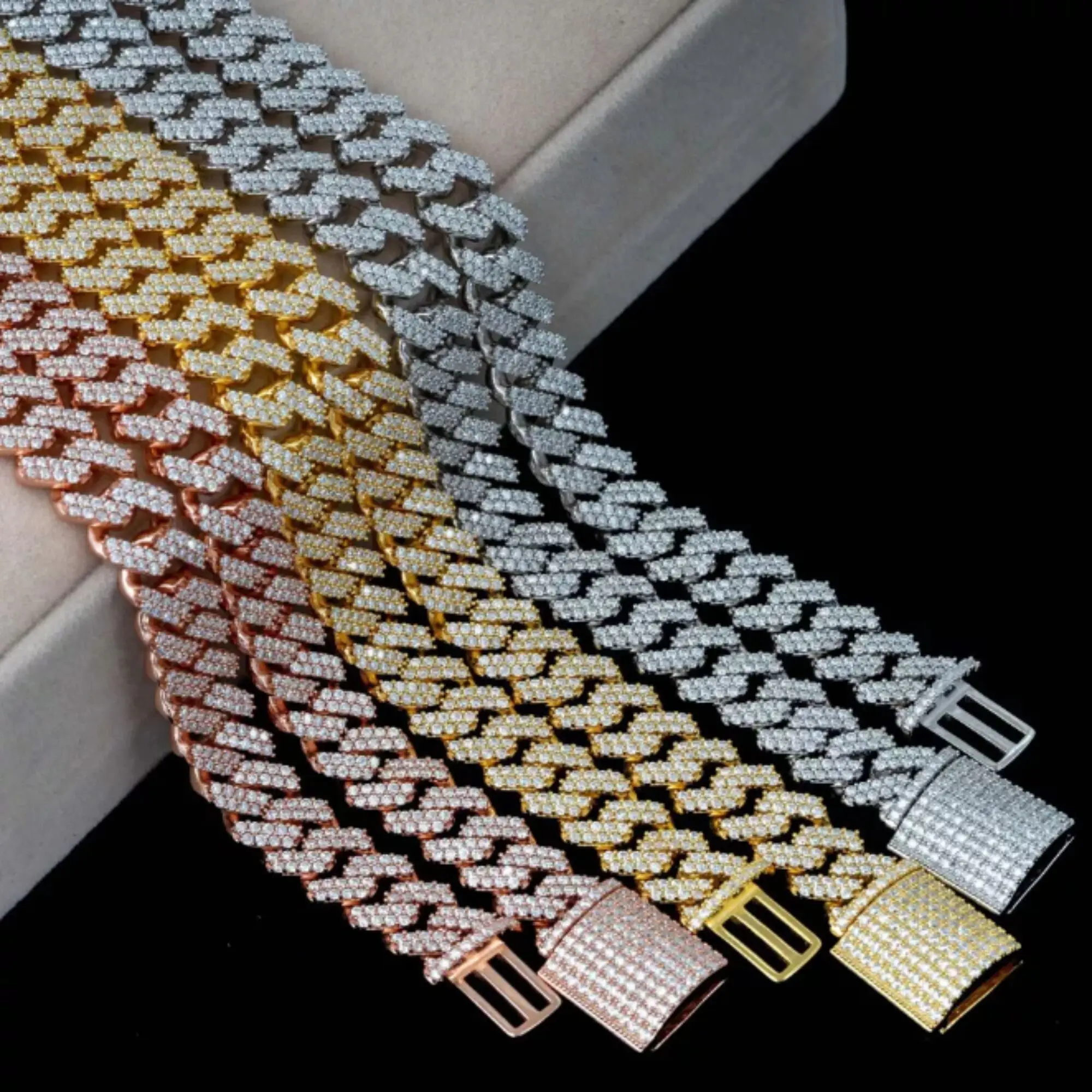 High Quality Customized 12mm Cuban Link Chain Vvs Clarity Moissanite Diamond Sterling Silver Available White Yellow Rose Gold