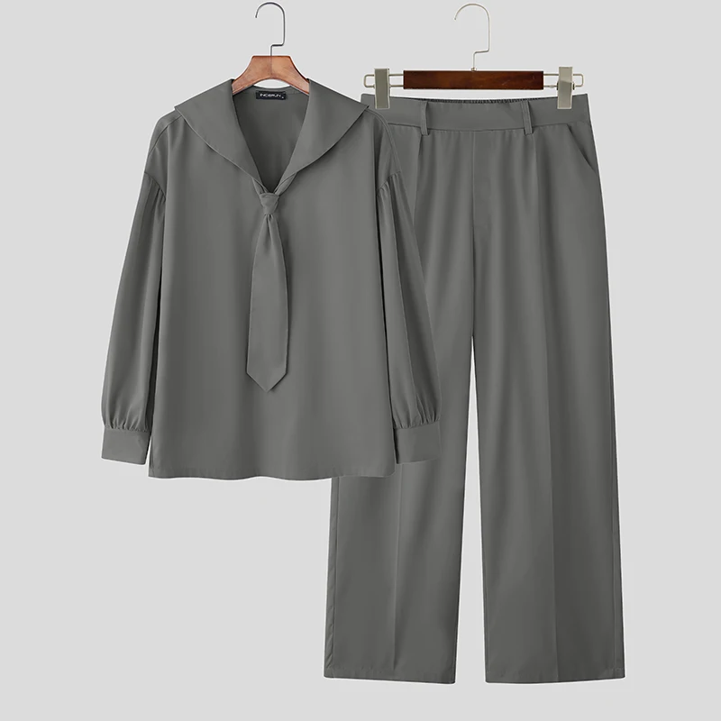 

INCERUN Men Sets Solid Color Long Sleeve Shirt With Tie & Pants Two Pieces Sets Streetwear Oversize Fashion Men's Casual Suits