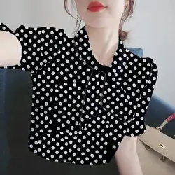 Fashion Printed Polka Dot Drawstring Bow Oversized Chiffon Shirt Summer Casual Pullovers Sweet Women's Clothing Commute Blouse