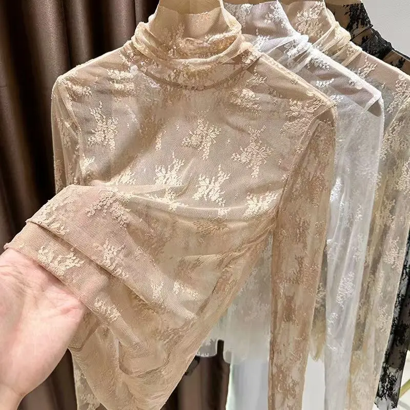 Sexy Women Long Sleeve Lace Blouses High Collar Inner Wear Lace Crochet T Shirt Base Tunic Top Perspective Vintage Bottom Blouse