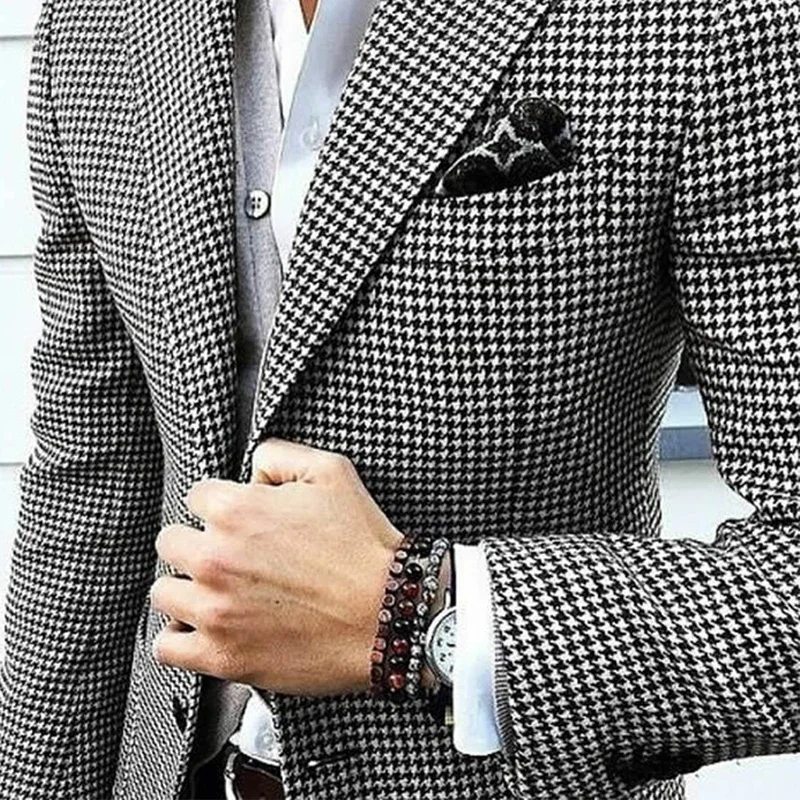 Slim Fit Men\'s Blazer Houndstooth Casual Italian Style Man Suit Jacket Notched Lapel 1 Pc Check Wedding Coat for Prom Party 2024