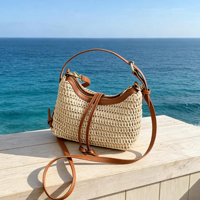 

Vintage Handmade Grass Woven Mini Bucket Bag, 2026 Summer New Zipper Crossbody, Versatile Commuting Bag For Women Daily Use