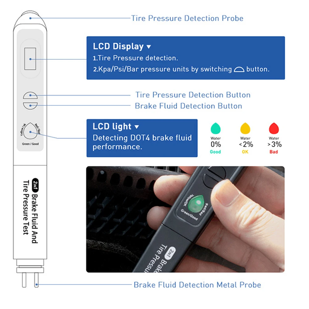 Brake Oil Detector Tire Pressure Monitoring Gauge 2-in-1 Brake Oil Water Content Detection Pen Brake oil Testing Pen