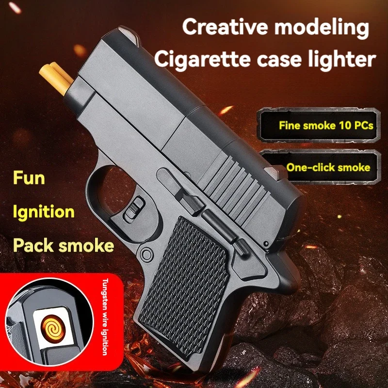 New Gun Model PIistol Cigarette Case Rechargeable Tungsten Wire Cigarette Lighter One-click Smoke Outlet Multifunctional Igniter