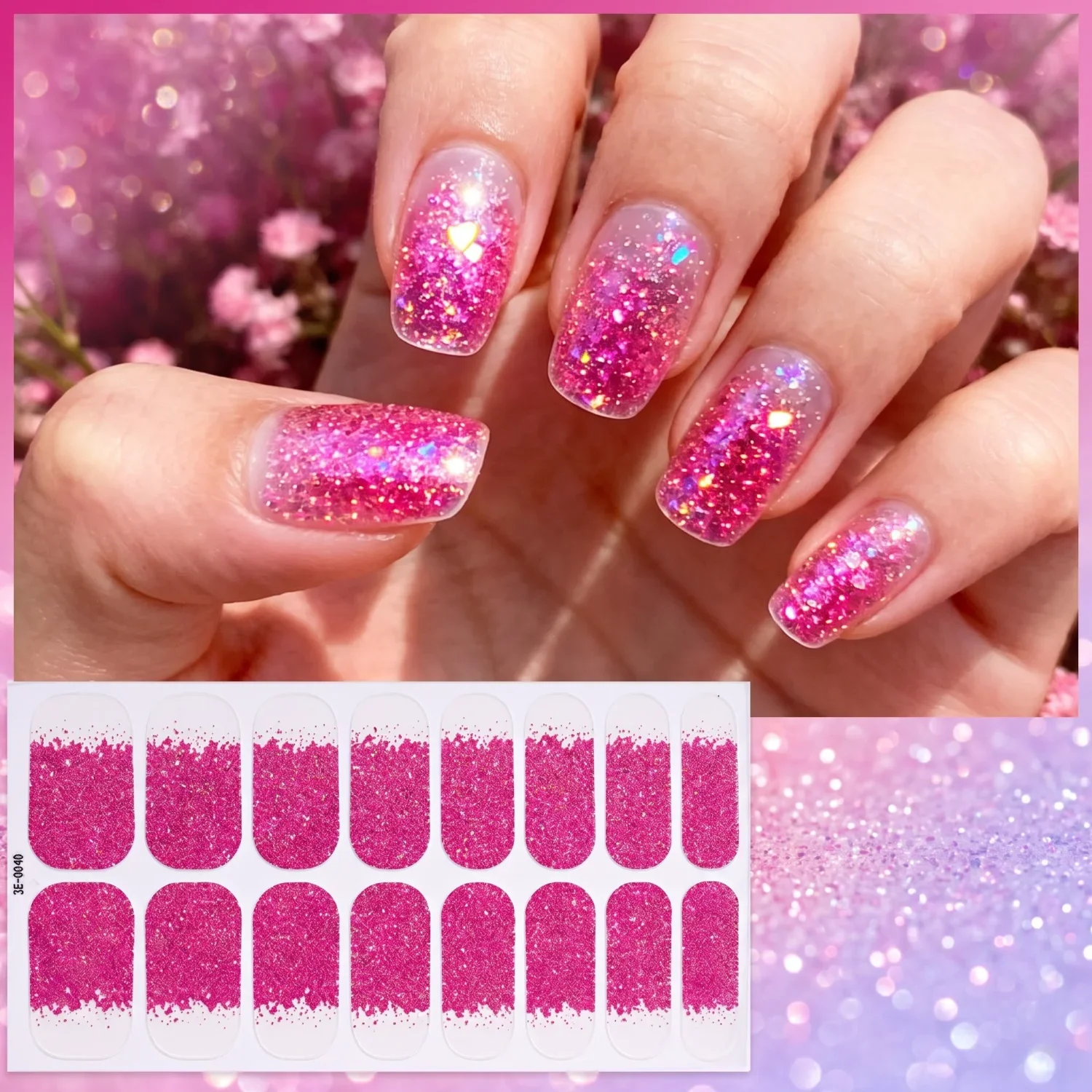 16 Stück selbstklebende Nagelsticker – wasserfeste, glitzernde Kunstnägel mit Farbverlauf |   DIY-Maniküre-Set für den Heimgebrauch |   Valentinstagsgeschenk
