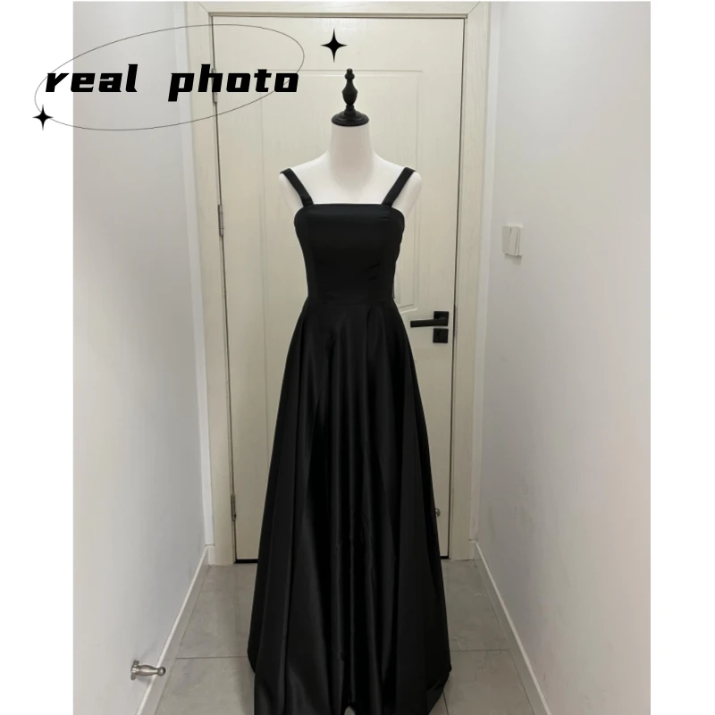 Linha de vestidos de casamento com alças de espaguete, vestido de noiva até o chão, cetim preto, simples e elegante, nova moda, 2023