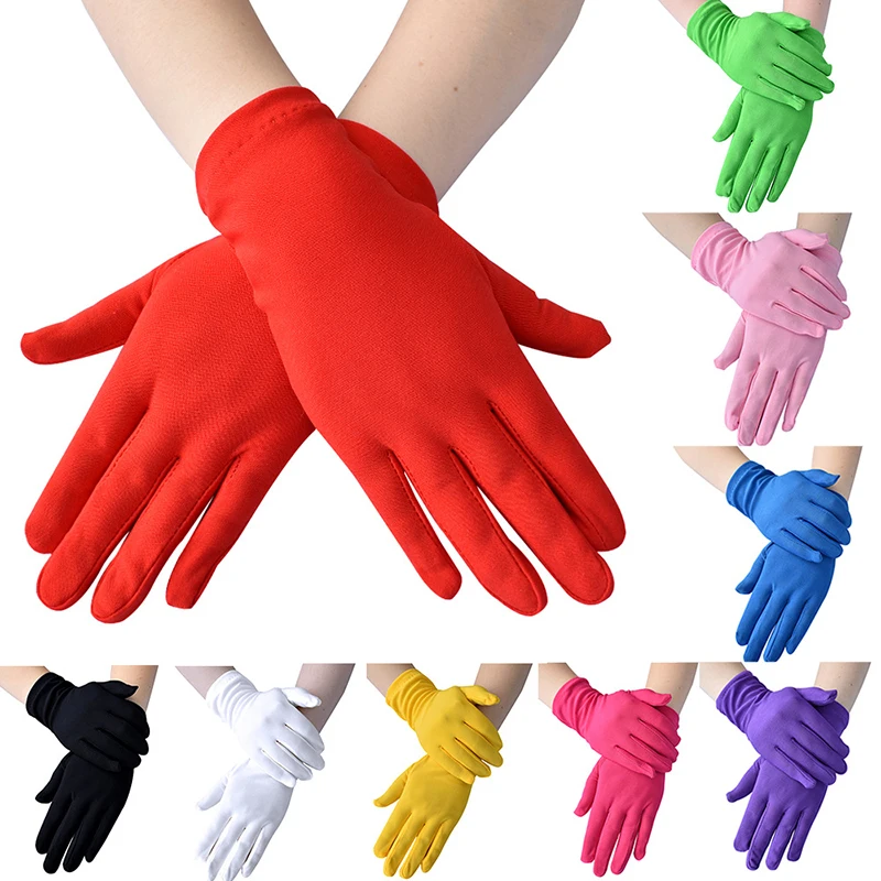 

1Pair Women's Five Finger Gloves Solid Color Milk Silk Stretch Gloves Ladies Mittens Festival Party Dance Dress Up Gloves