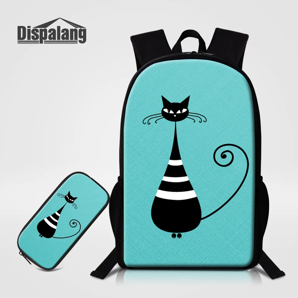 

2 PCS Set School Bags With Penbox For Students Black And White Cat Printing Backpack Children Cute Bookbag Mochila Drop Shipping