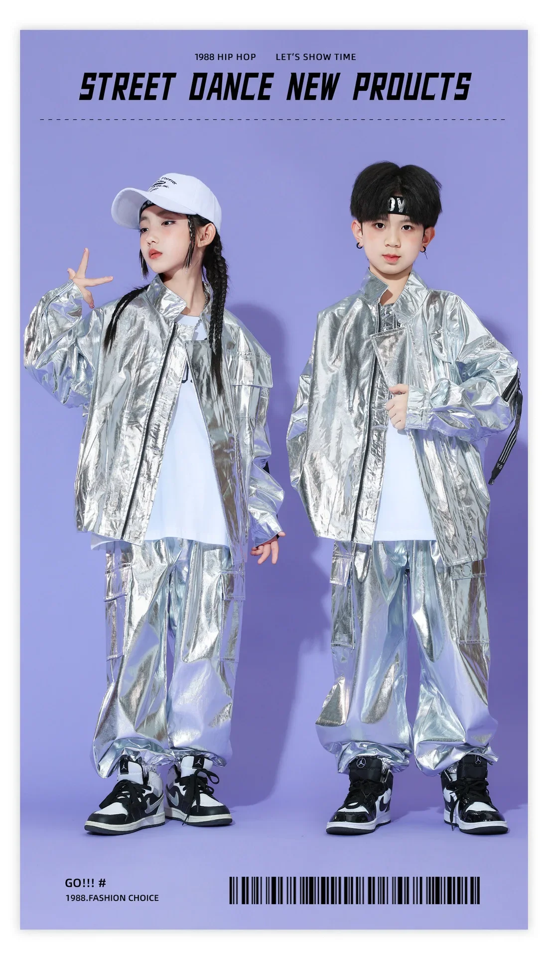 Neues Kinder-Hip-Hop-Set aus glitzerndem silbernem Leder, Bühnenkostüm für Mädchen, Street-Dance-Kopf-Performance-Kostümset für Jungen – Detail 1