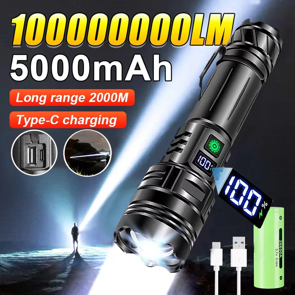 

10000000LM Long Range Flashlights Rechargeable Zoom Tactical Torch High Power Led Flashlights 5000mah Battery With Power Display