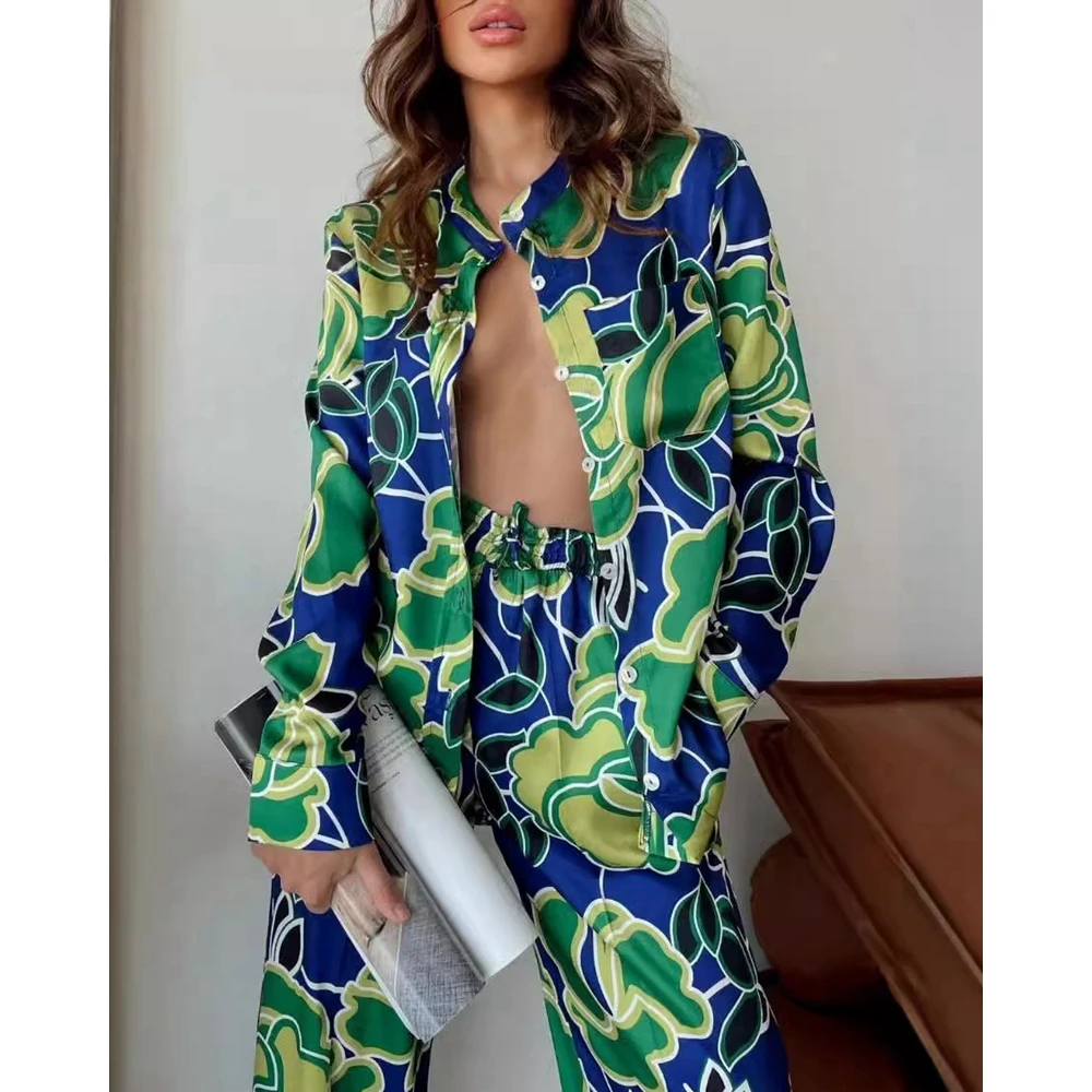 

Ensembles 2 Piece Set Boho Style Women Floral Print Long Sleeve Shirt Top & Straight Leg Pants Set Office Lady Green Pants Suits