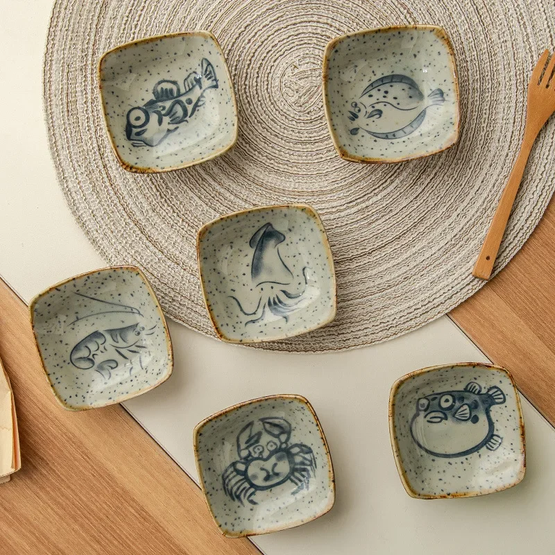 Ceramic Dishes Vintage Small Plate Japanese Creative Cartoon Seafood Sauce Dish Seasoning Plate Home Kitchen Tableware