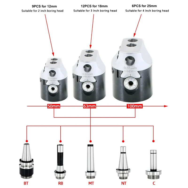 F1-12mm Bar Boring Hole Boring Bar Set Tungsten Carbide Bar Boring Head MT2 MT3 R8 BT NT Boring Bar Set Boring Device 9pcs