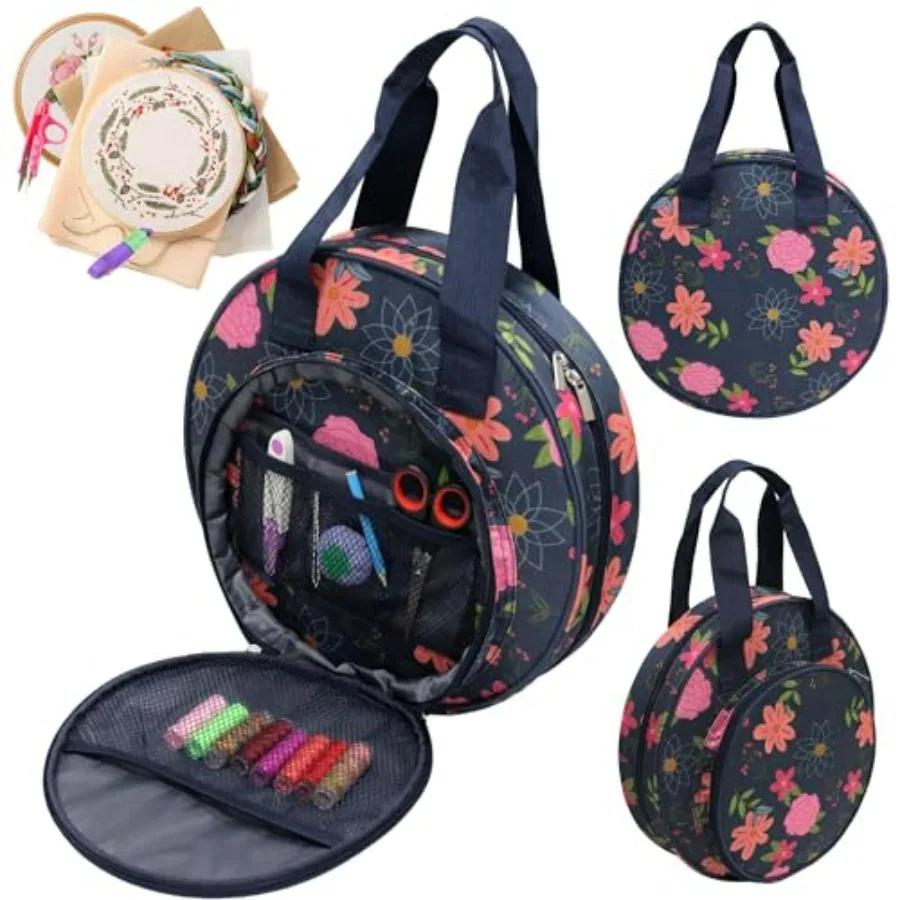 

Floral Embroidery Project Bag, 13x13x3 Inch Round Cross Stitch Storage Bag, Portable Embroidery Organizer for Hoops Floss Threa