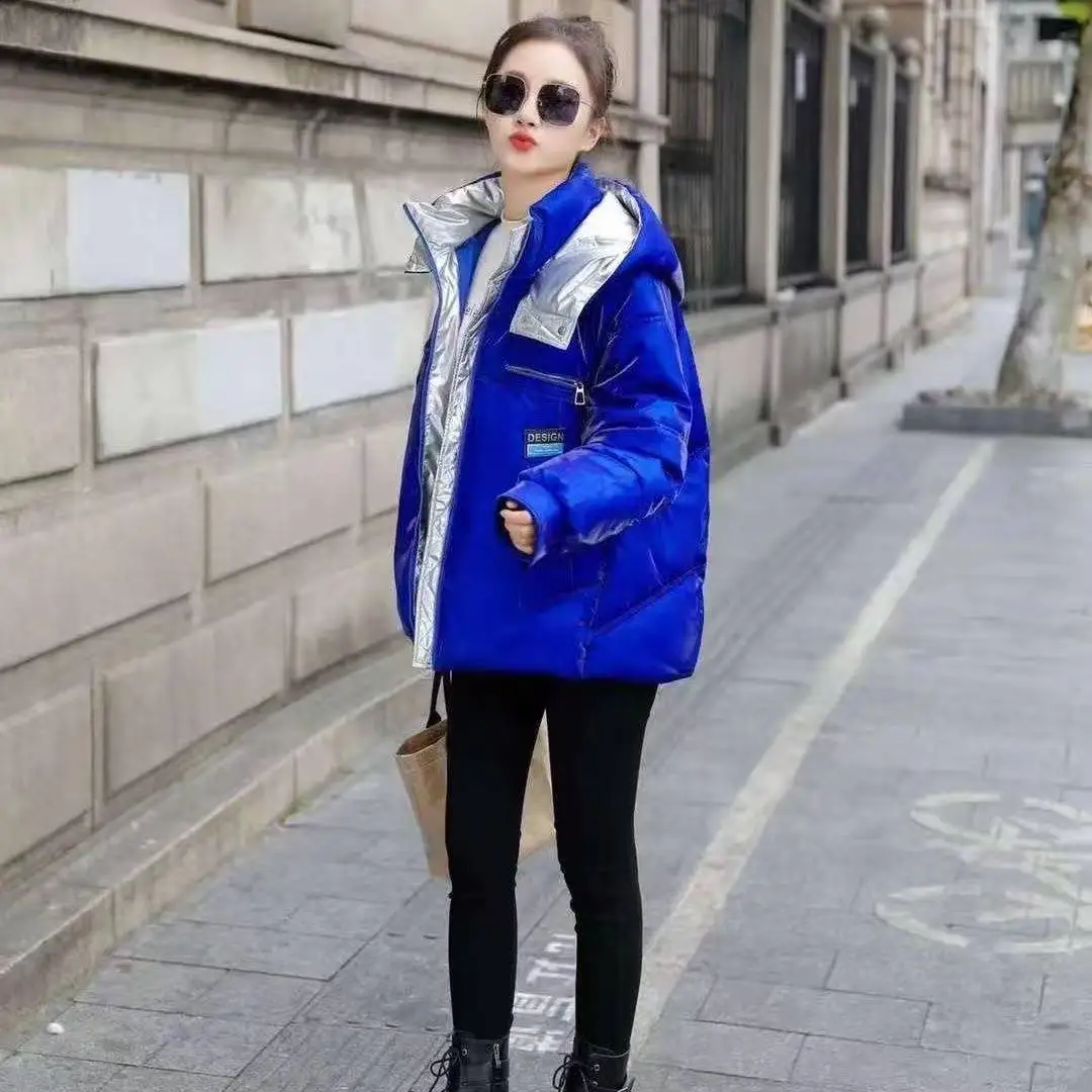 Fashion Women's Glossy Down Cotton Jacket 2025 Winter New Loose Hooded Casual Jackets Female Warm Cotton Thicken Coat