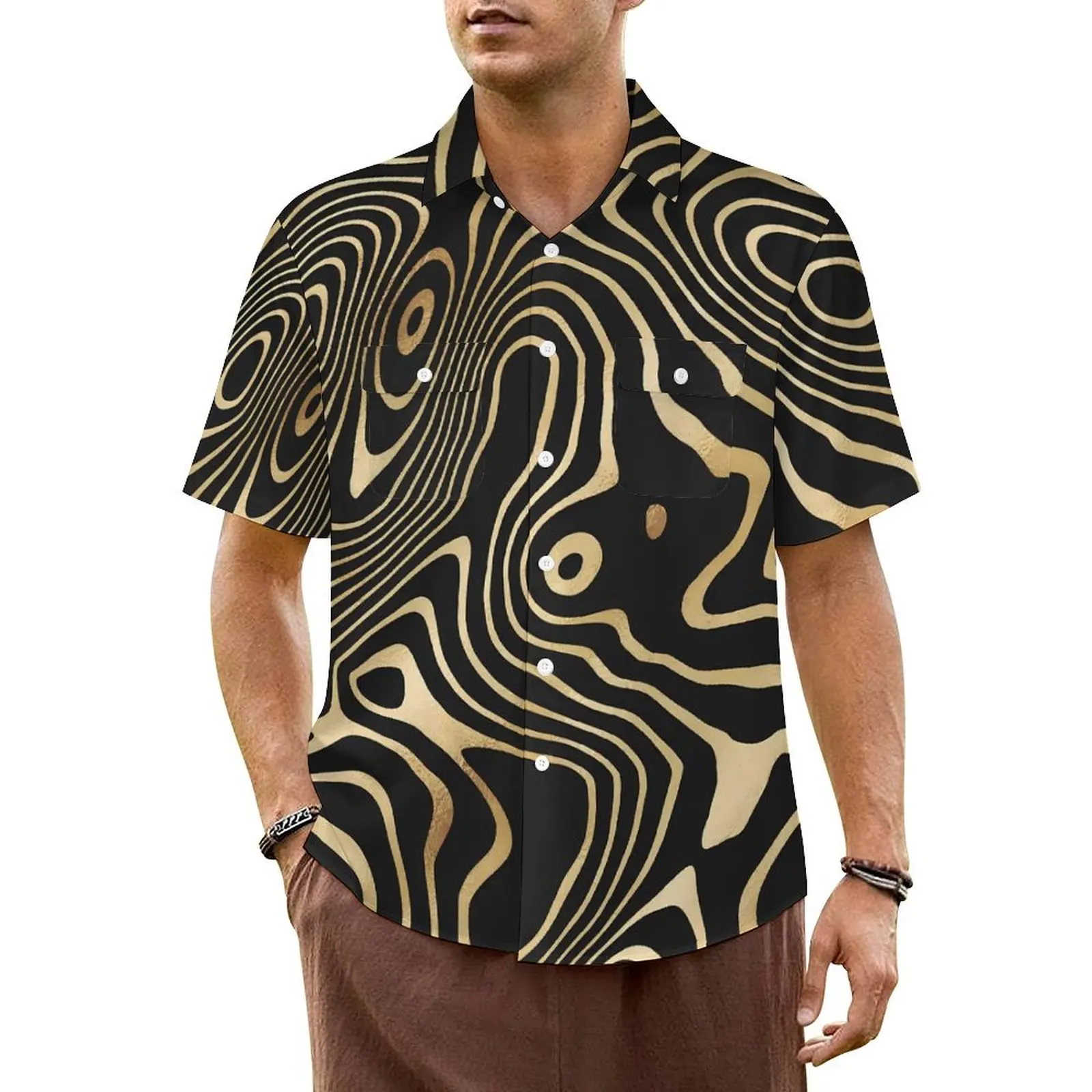 

Hawaiian Shirt Vacation Abstract Swirls Blouses Black Gold Liquid Loose Casual Shirts Man Short Sleeve Street Oversized Clothes