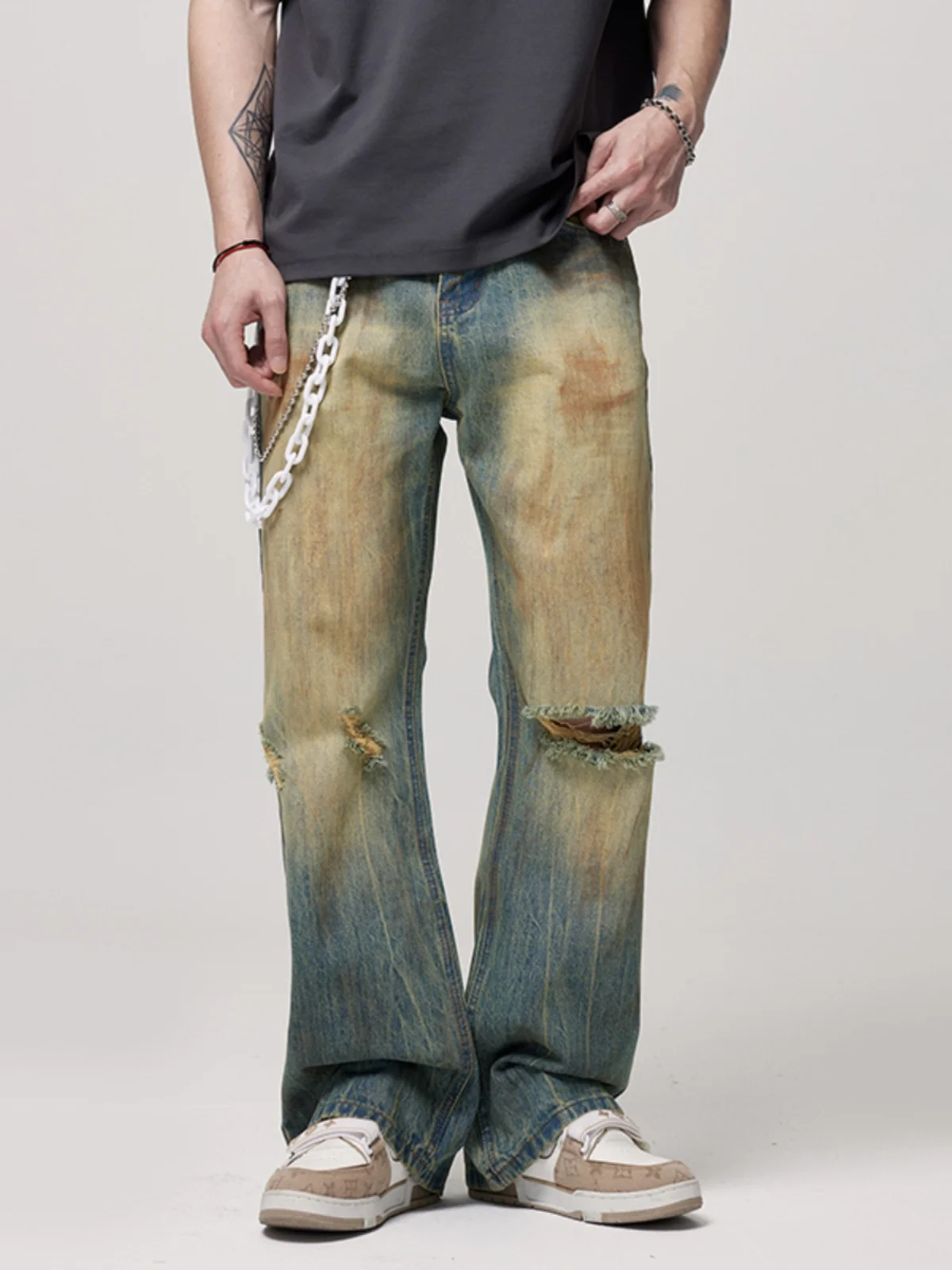 

Мужские джинсы American High Street: желтые, с эффектом грязевого окрашивания, свободные, прямые, повседневные, слегка расклешенные, в стиле ретро, молодежные, модные