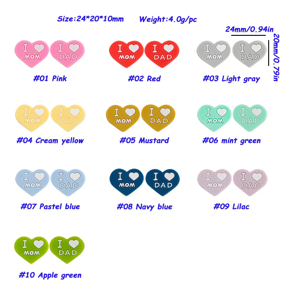 Kovict 10Pcs Silicone Beads Heart I LOVE MOM/Dad Round Silicone Beads For Jewelry Making Bulk DIY Necklace Accessories