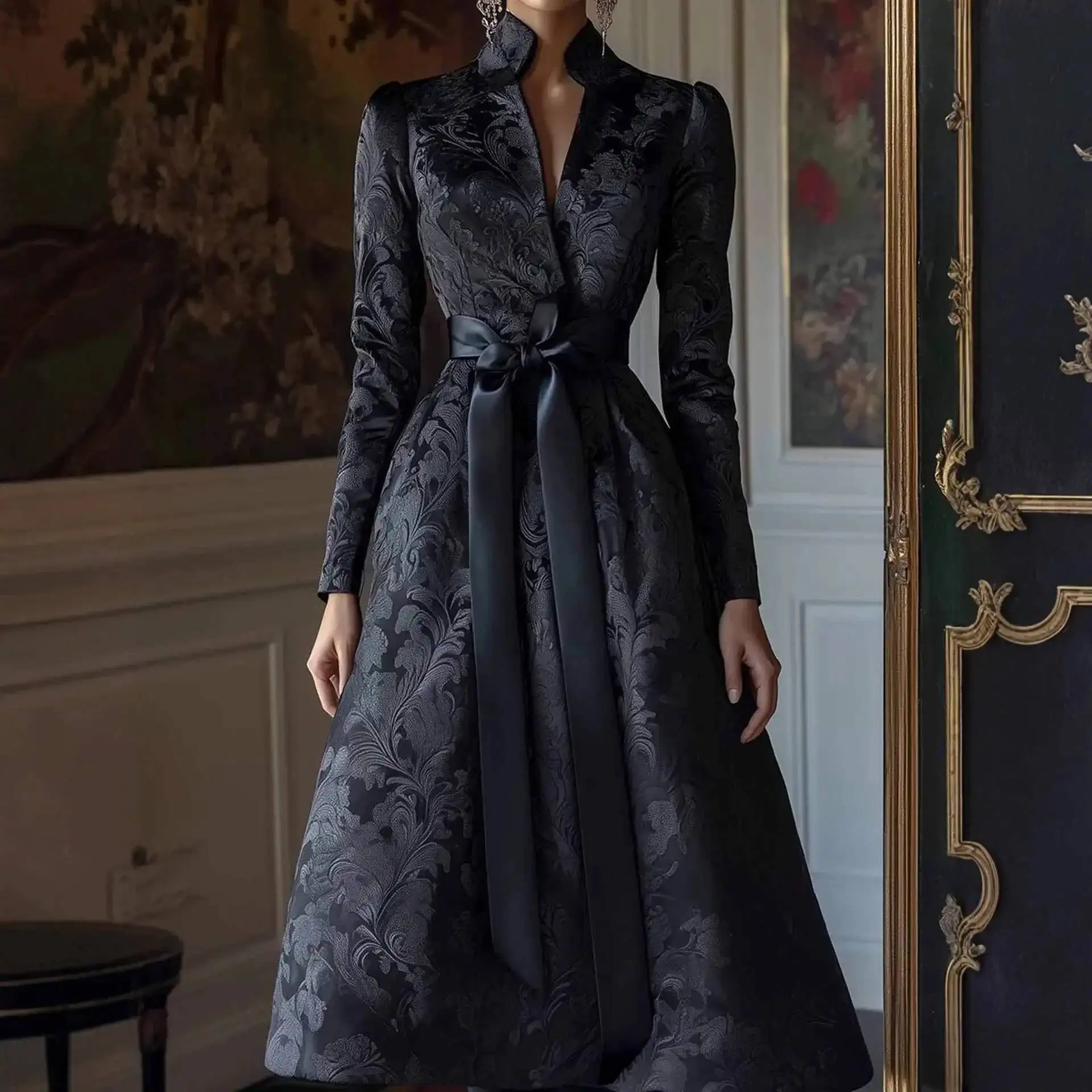 

Fashion Stand-up Collar Solid Color Long-sleeved Satin Women Dress Autumn New Elegant Waist Lace-up Sexy Deep V-neck Woman Dress