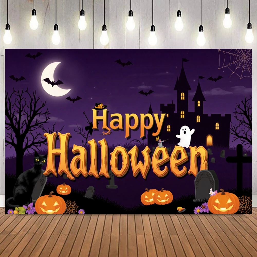Cartoon Happy Halloween Photography Backdrop Moon Pumpkin Lantern Black Cat Bat Castle Cute Ghost Spider Web Photo Backgrounds