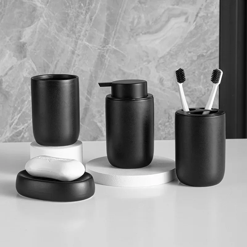 

Nordic Ceramic Bathroom Lotion Bottle Press Hand Sanitizer Bottle Mouthwash Cup Toothbrush Holder Black Liquid Soap Dispenser