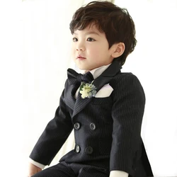 Baby 9 Month -7 Year Formal Stripe Suit Set Boys Wedding Party Host Photography Costume Kids Blazer Vest Pants Bow tie Clothes