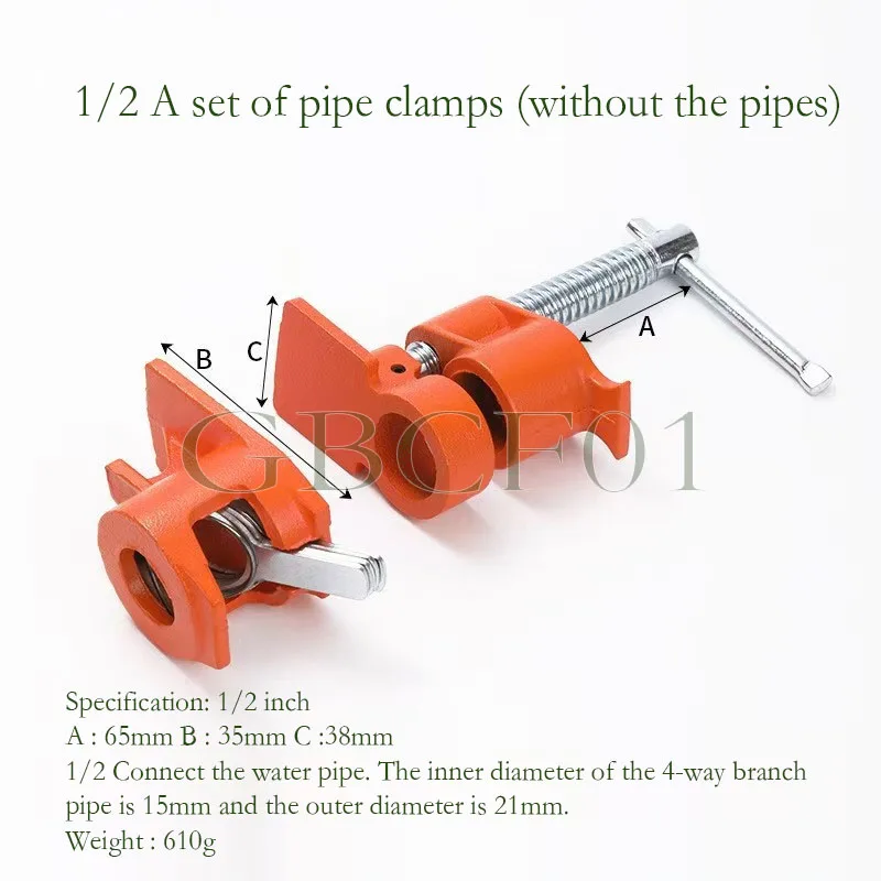 1I2 Heavy Duty Woodworking Pipe Clamp Quick Release Wood Gluing Pipe Clamp Wide Base Iron Wood Metal Clamp Set