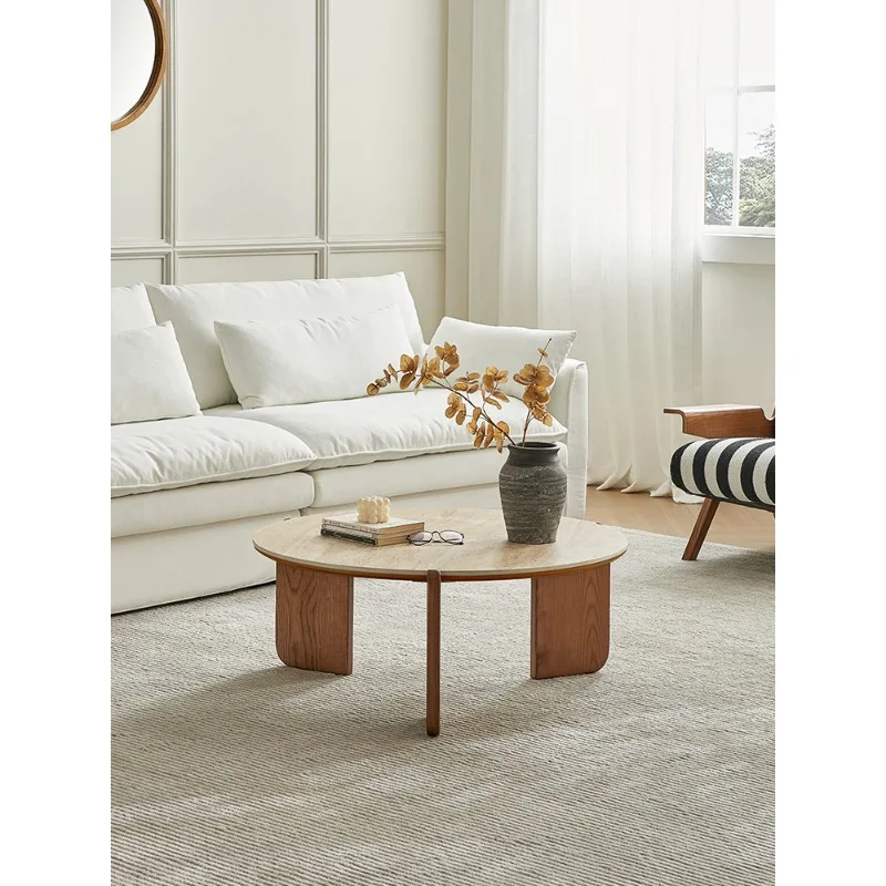 Travertine rock slab round coffee table, small apartment designer, small tea table