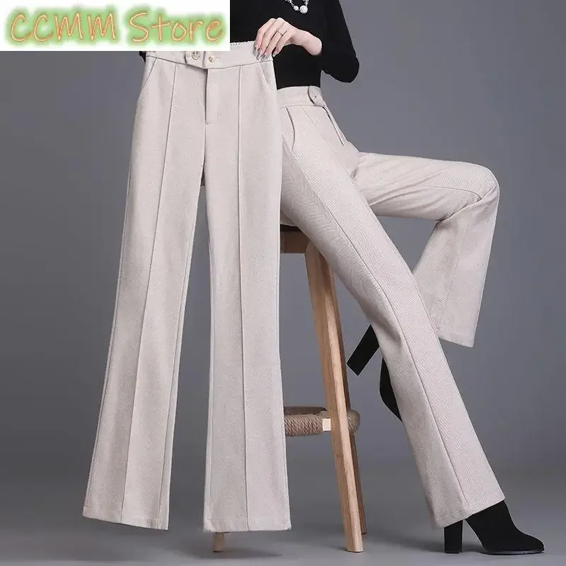 

New Simple Women Woolen Pants Autumn Winter Thickened Solid Pockets Office Lady Fashion High Waist Casual Straight Trousers