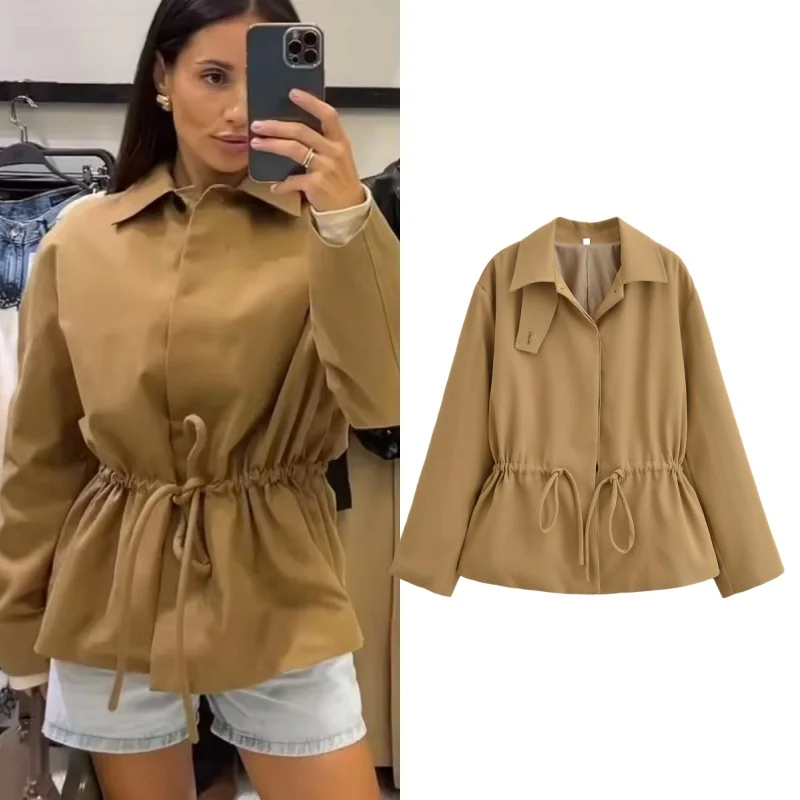 

Tidalyf 2025: женская короткая куртка, пиджак, воротник, шнурок на талии, дизайн со скрытыми карманами, длинный рукав, элегантный шик