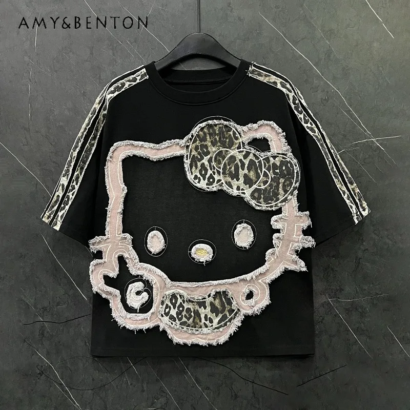 

Summer Heavy Industry New Patch Embroidery Cartoon Leopard Print Short Sleeved T-shirt for Women's Kawaii Loose Casual Short Top