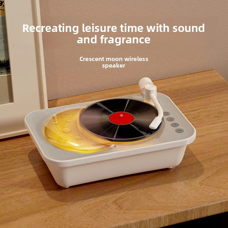 Vintage Crescent Moon Wireless Bluetooth Speaker Aroma Diffuser Mini Vinyl Record Style Portable Audio For Home Outdoor Travel