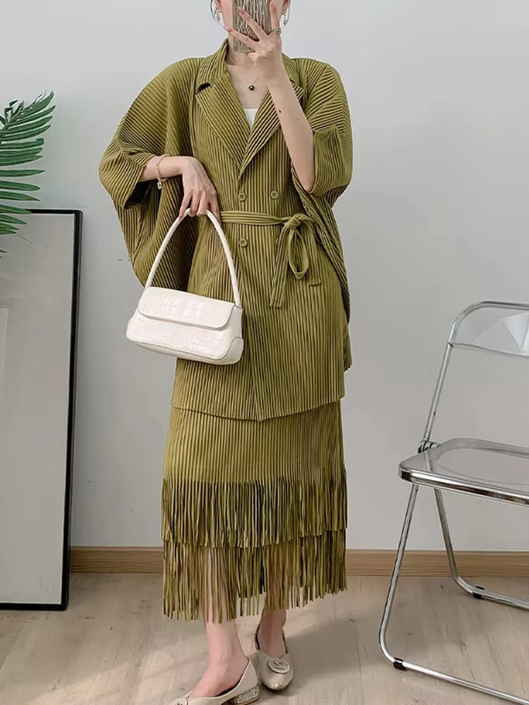 ANLAN Autumn New Pleated 2 Piece Set Women Elegant Belt Lapel Coat + Tassel Design Skirt Fashion Party 2024 Clothing 71AN7587