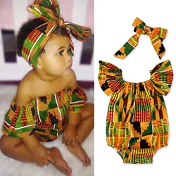 Conjunto africano estampado fora do ombro macacão e bandana para bebês meninas, roupas infantis, macacão bonito, bodysuits faixa de cabelo, roupas para criança