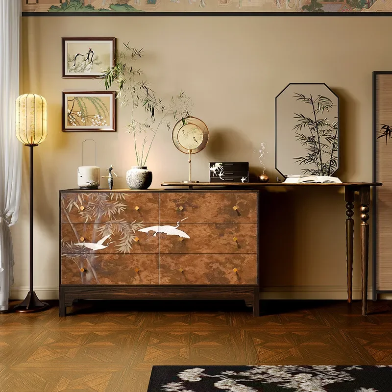 New Chinese Retro Song Style Aesthetics Bedroom Side Cabinet Light Luxury Solid Wood Porch Bucket Cabinet Living Room Dining