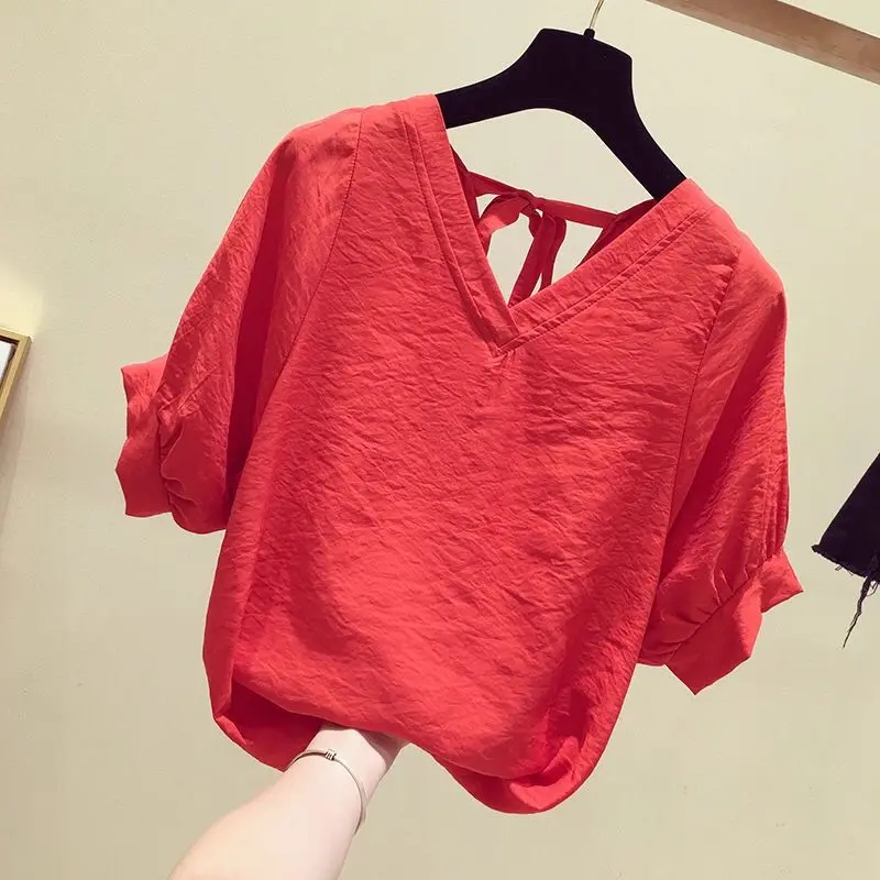 Summer V-neck Solid Chiffon Casual Tops Tees New Short Sleeve Thin Loose Hollow Lacing T-Shirts Vintage Casual Women Clothing