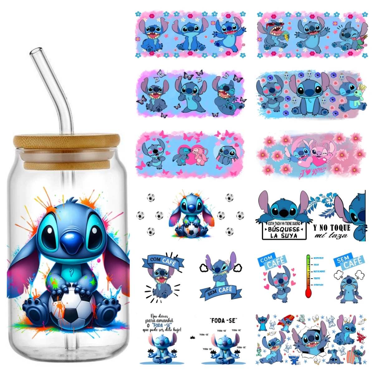 

Stitch patterns Glass Cup Decals Cup Wrap Sticker UV DTF Long-Lasting Adhesive Labels DIY Sticker Kits for Drinkware