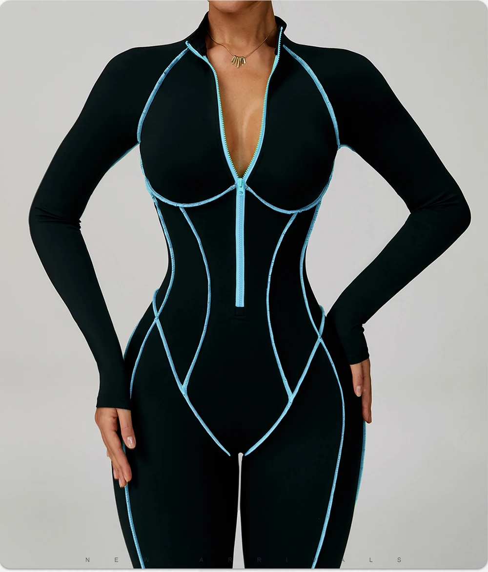 

Женский комбинезон для тренировок с длинными рукавами и цветными блоками, комбинезон на молнии со встроенным бюстгальтером, облегающее боди, сексуальный цельный комбинезон
